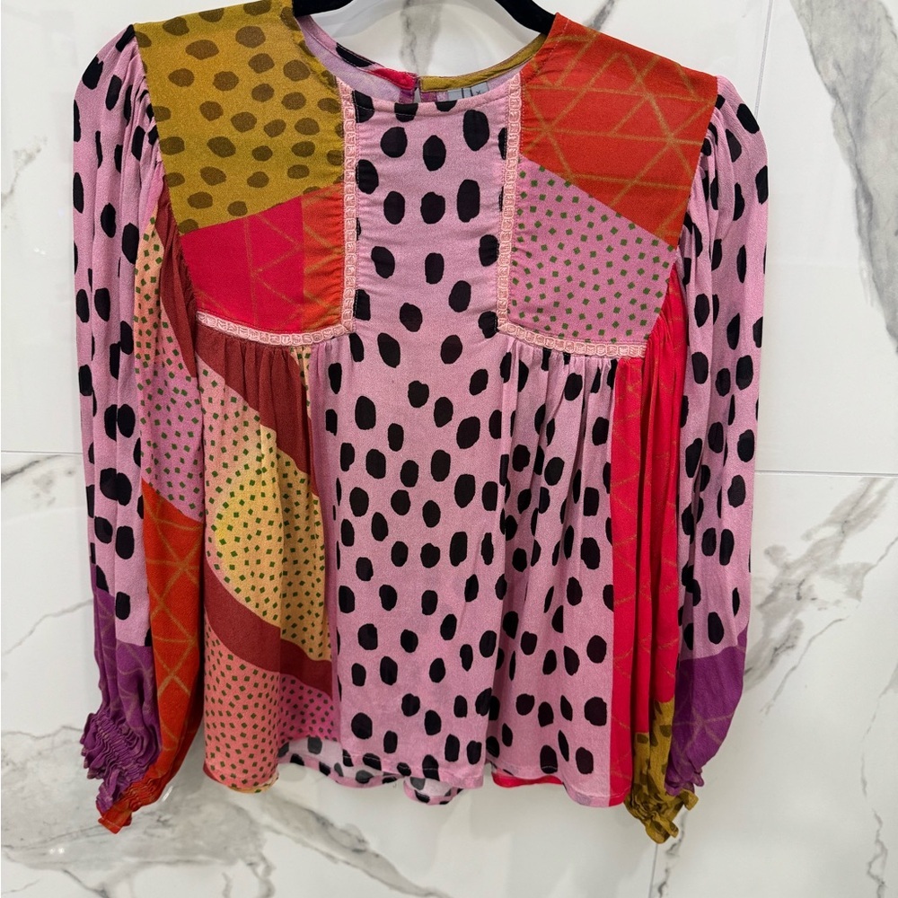 Bl-nk London Miranda Pleasant Vibrant Patchwork Polka Dot Blouse Size XSP